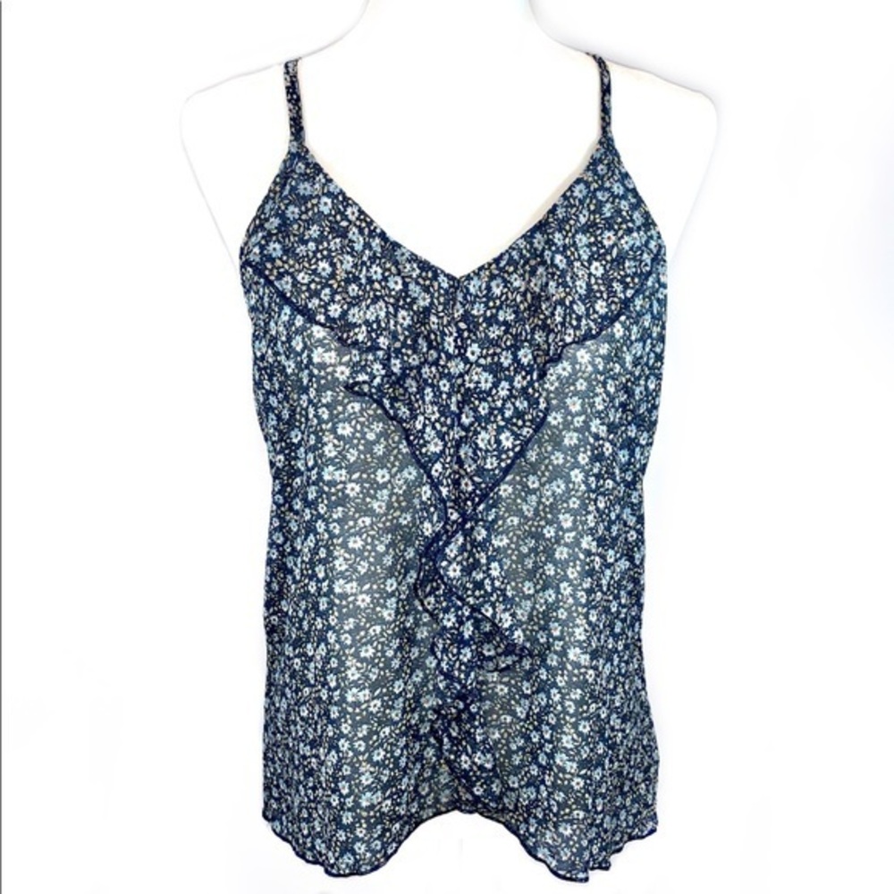 Love Culture sz M navy & white floral racer back ruffle front sleeveless blouse